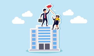 Rakiplerinin, piyasa liderliğinin ihalesi veya onaylanması ile verilen bir proje anlaşmasının Rekabetçi tarafından tanındığını göstermek için elinde kırmızı bayrak bulunan bir binanın tepesinde duran bir işadamı ve rakip firma.