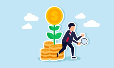 Bozuk para çiçekleri olan bir fabrikanın yanında elinde büyüteç olan bir iş adamı işini finanse etmek için başka yatırımcılar arıyor.