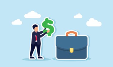 Bir şirket binasının önünde bir dolar tutan bir işadamı, şirket tarafından verilen iş yükü için bir çalışana verilen maaşın bir çizimi.