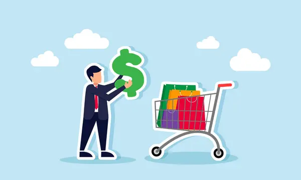 stock vector A businessman holding a dollar in front of a shopping basket, illustration of The fair value or price for a business expenditure