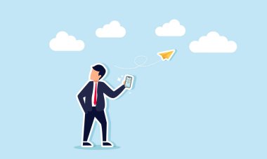 Elinde telefon tutan bir işadamı, kağıt uçak şeklinde bir mesaj gönderiyor, bir iş adamının iş ortağına veya müşterisine bir proje üzerinde pazarlık yapması için mesaj gönderdiğini gösteriyor.