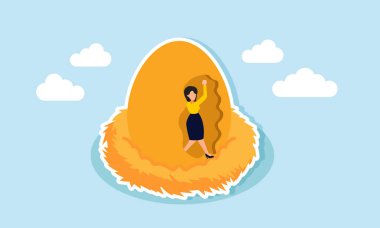 A businesswoman breaking through the wall of her golden egg, illustration of Someone freedom to live after their investments yield results clipart