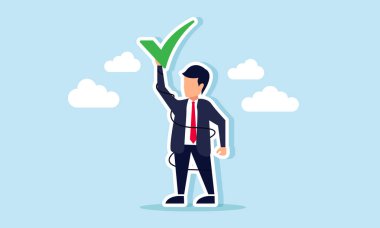 İplere dolanmış bir işadamı, bir işaret koyuyor, iş başarısı için başkalarından onay almaya kararlı bir işadamının resmi çizimi.