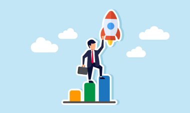Bir işadamı yükselen bir roketi yakalamaya çalışan bir grafiğin üzerinde duruyor, şirket performansının hızlandırıcı pazar eğilimleriyle gösterimi