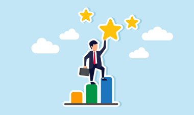 Bir iş adamının bir yıldızı yakalamaya çalışması, bir şirketin mükemmel iş performansı ve ilerlemesi için aldığı ödüllerin veya reytinglerin çizimi.