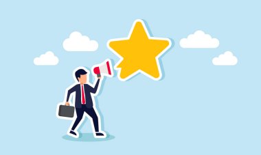 Megafonla konuşan ve yıldız konuşma balonu gösteren bir iş adamı, girişimcinin olumlu geri bildirim ya da halktan iyi bir not aldığını gösteriyor