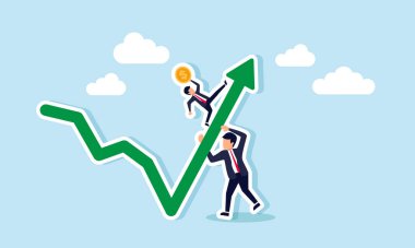 Bir iş adamı bir tabloyu desteklerken, diğer bir işadamı madeni para taşıyor, iş veya şirket kârındaki artışın ve gelirdeki artışın bir göstergesi olarak.