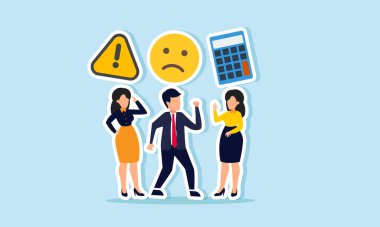 Birkaç çalışan, uyarı işaretleri, üzgün ifadeler ve bir hesap makinesi ile sembolize edilen finansal konuları, finansal performansın dikkat ve hesaplamalarına duyulan ihtiyacı gösteren çizimleri tartışmak üzere bir araya geldi.