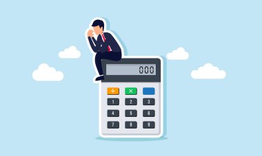 Ne yazık ki hesap makinesinin üzerinde oturan bir işadamı, şirketin mali hesaplamalarındaki başarısızlığın bir göstergesi.