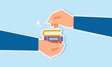 Bir iş adamı bir başka ele bir yığın kitap verir, bir iş ya da şirket için öngörü, okur yazarlık ya da rehberlik sunar.