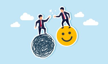 Karmaşık bir sorunla karşı karşıya olan bir işadamı, gülen surat ifadesiyle gülen bir işadamından yardım ister ve sorunlarla uğraşırken yardım aldığını gösterir.