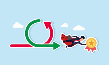 A super businessman flying through positive and negative charts while carrying a medal, illustrating overcoming challenges to earn recognition for outstanding employee achievement clipart