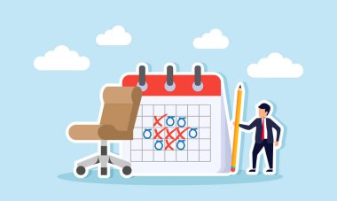 Takvim çizelgesinin ve çalışma koltuğunun yanında duran bir iş adamı, hiçbir ajandanın kaçırılmadığından emin olmak için bir iş programının çizelgesi..