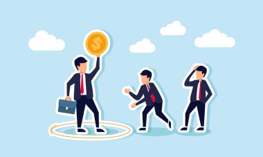 Çemberin içinde bir dolar tutan bir işadamı, diğerleri yaklaşmaya çalışırken, önemli varlıklara sahip bir işadamının ayrıcalığının bir göstergesi..