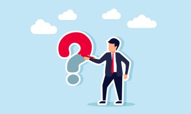 Elinde kalem tutan bir işadamı, bir soru işareti yazıyor. Bir iş meselesinden kaynaklanan büyük bir sorunun çizimi.