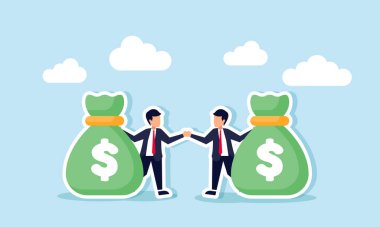 İki işadamı el sıkışıyor, her biri para çantası taşıyor. Çekici bir işe yatırım yapmak için karşılıklı bir anlaşmanın resmi.