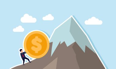 Bir işadamı dağ zirvesine dev bir dolar basıyor. Dolar değerinin tüm zamanların en yüksek seviyesine ulaşmasının bir göstergesi.