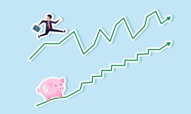 Bir işadamı dalgalı bir grafikte hareket ederken bir kumbara nispeten düz bir grafikte hareket ederek iş ve yatırım dinamiklerindeki farklılıkları gözler önüne seriyor.