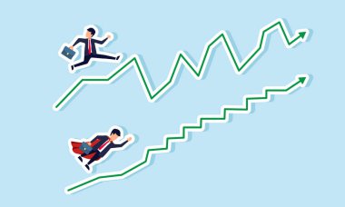 Bir iş adamı dalgalı bir grafikte hareket ederken, bir süper işadamı görece düz bir grafikte hareket ederek, en iyi ve ortalama çalışanlar arasındaki performans farkını gözler önüne seriyor.