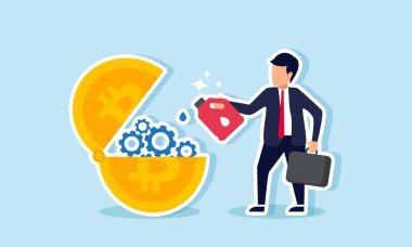 Bir işadamı bitcoin makinesinin dişlilerine kayganlaştırıcı sürer. Bitcoin değerini arttıran ya da koruyan tetiğin bir göstergesidir..