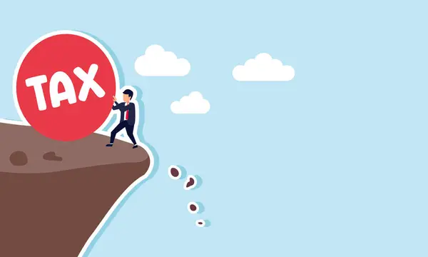 Bir işadamı bir uçurumun kenarında vergi topunu tutuyor. Bu da iş dünyasına uygulanan vergileri yeniden hesaplama ihtiyacının bir göstergesi..