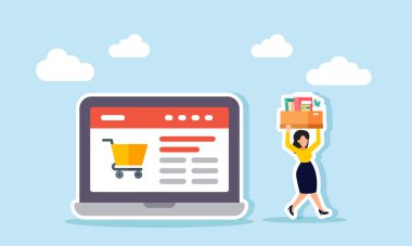 Pazar yerini gösteren dizüstü bilgisayardan uzaklaşan bir ofis kutusu taşıyan bir çalışan, bir çalışanın pazar yönetiminden istifa ettiğini gösteriyor..