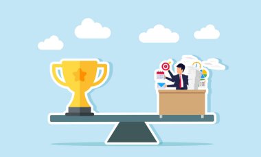 Çoklu görev yapan bir çalışan, diğer tarafta bir kupa ile tahterevallide, disiplinli ve verimli işçilere verilen takdiri gösteriyor..