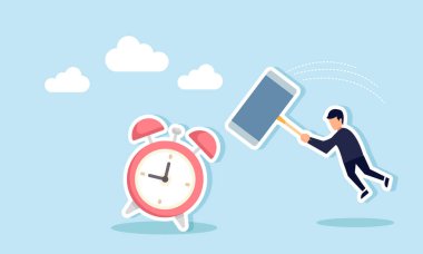 Elinde büyük bir çekiç olan bir işadamı, son teslim tarihini aşmış bir iş projesinin tamamlanması için alarm saatini çalmaya çalışıyor..