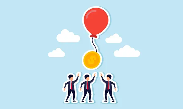 stock vector A group of businessmen competing for a dollar coin attached to a floating balloon string, an illustration of competition in the business to secure new revenue from upcoming projects