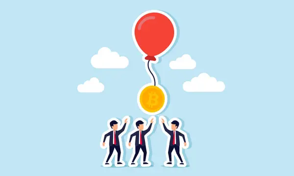 Stock vector A group of businessmen competing for a bitcoin attached to a floating balloon string, an illustration of competition in business for owning bitcoin stocks as an investment.