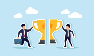 İki işadamı, başarıya ulaşmak için ortak başarılar veya şirketler arasındaki işbirliğinin bir araya getirilmesindeki takım çalışmasının bir illüstrasyonunu ve ganimet parçalarını taşıyor.