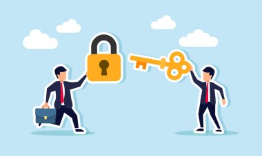 Bir işadamı kilit taşırken, bir diğeri birleşmek için bir anahtar taşıyor, ticari sorunlara ortak çözümler bulmada iş birliğinin resmedilmesi veya kazan-kazan çözümü