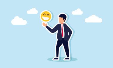 Bir işadamı gülümseyen bir ifade sergiliyor, mutluluğun göstergesi olarak iş dünyasının sonuçları ve performansı gösteriliyor.