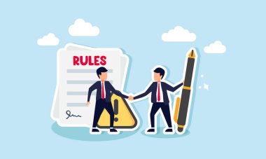 Bir işadamı, uyarı işareti ile işaretlenmiş bir kural belgesi üzerine kalemle el sıkışırken, karşılıklı olarak kabul edilen iş birliği kurallarına ilişkin bir anlaşmanın resmedilmesi