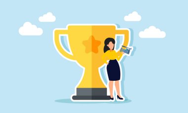 Bir iş adamı, başarılarını sergilediği gösterinin bir göstergesi olarak kendini bir kupanın yanına kaydeder ya da kaydeder..