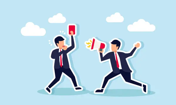 stock vector A businessman acting as a referee shows a red card to another businessman using a megaphone, illustration of an ethical violation in promoting a business.