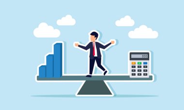 Diğer tarafta bir bar çizelgesi ve hesap makinesiyle tahterevalli üzerinde bir işadamı, bir işin mali istikrar hesaplamalarını gösteriyor..