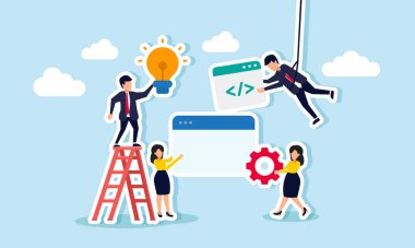 Programlama, mühendislik ve geliştirme alanlarında işbirliği yapan bir grup iş adamı, bir iş uygulamasının oluşturulmasında takım çalışmasını resmetmektedir..