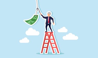 Yaşlı bir işadamı bastonuyla bir para kancasına ulaşmaya çalışırken merdivene tırmanıyor. Yatırımcı kazanmak ya da mali işler yönetmek için geleneksel iş yaklaşımının bir örneği.