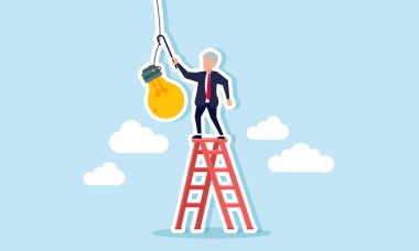 Yaşlı bir işadamı, merdivene tırmanırken bastonuyla asılı duran bir ampule ulaşmaya çalışır. Beyin fırtınası ya da modası geçmiş fikirlerin peşinden koşmanın geleneksel yaklaşımının bir göstergesidir..