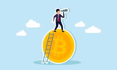 Bir işadamı teleskop kullanırken bitcoin değerlemesi ile ilgili gelecek spekülasyonları gösteren bir görüntü çizerek bir merdivenle bir yığın bitcoin 'e tırmanıyor..