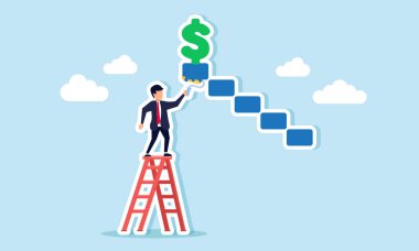 Bir işadamı, dolar işaretini destekleyen blokları boyamak için merdivene tırmanıyor ve dolar aktiflerini güvence altına alma çabalarını gösteriyor.