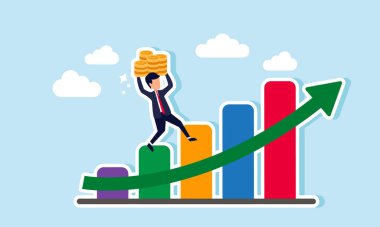 Bir yığın bozuk para taşıyan bir işadamı yükselen bir grafiğe tırmanıyor ve şirketin servetindeki veya gelirindeki artışı gösteriyor..