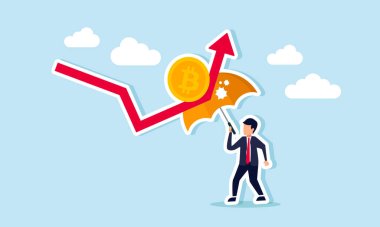 Bir işadamı, varlıklarını bitcoin değerlerinin düşmesine karşı korumak için yatırım stratejilerini gösteren kırmızı bitcoin oklarından bir şemsiye altına sığınıyor..