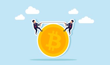 İki işadamı bitcoin üzerinde bir halat çekiyorlar, bitcoin değerlerini analiz etmek için farklı stratejiler gösteriyorlar..