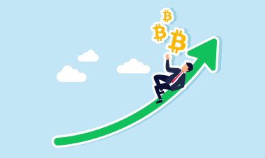 A businessman relaxes on an upward-trending graph while envisioning Bitcoin, illustrating the rising valuation of Bitcoin clipart