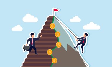 Bir işadamı bir dolar para deseninde bir iple dağa tırmanırken, diğerleri bir merdiven tırmanıyor, girişimcilerin gelirlerini artırmak için aldıkları farklı yaklaşımları gösteriyor..