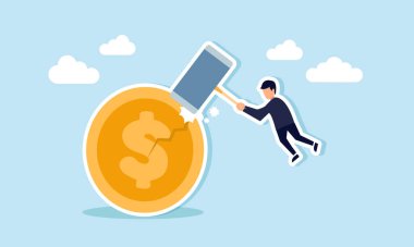 Bir işadamı dev bir çekiçle bir dolar sikkeye vuruyor, onu kırıyor ve ekonomik krizin doların değeri üzerindeki etkisini gösteriyor.