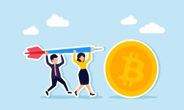 Bir iş adamı ve iş kadını Bitcoin 'e doğru bir ok atmak için işbirliği yaparak, Bitcoin' in varlıklarını analiz ve hedef almada takım çalışmasını resmettiler.  