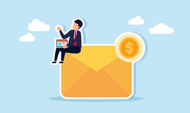 Bir işadamı, elinde bir dolar para bildirimi olan bir zarfın üzerinde dizüstü bilgisayar kullanarak hisse senedi veya dolar performansının raporunu ve analizini çizer.  